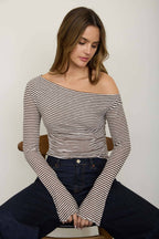 STRIPE ASYMMETRICAL NECK LONG SLEEVE KNIT TOP