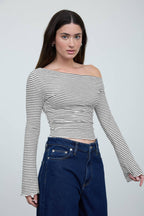 STRIPE ASYMMETRICAL NECK LONG SLEEVE KNIT TOP