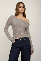 STRIPE ASYMMETRICAL NECK LONG SLEEVE KNIT TOP