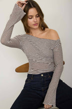 STRIPE ASYMMETRICAL NECK LONG SLEEVE KNIT TOP