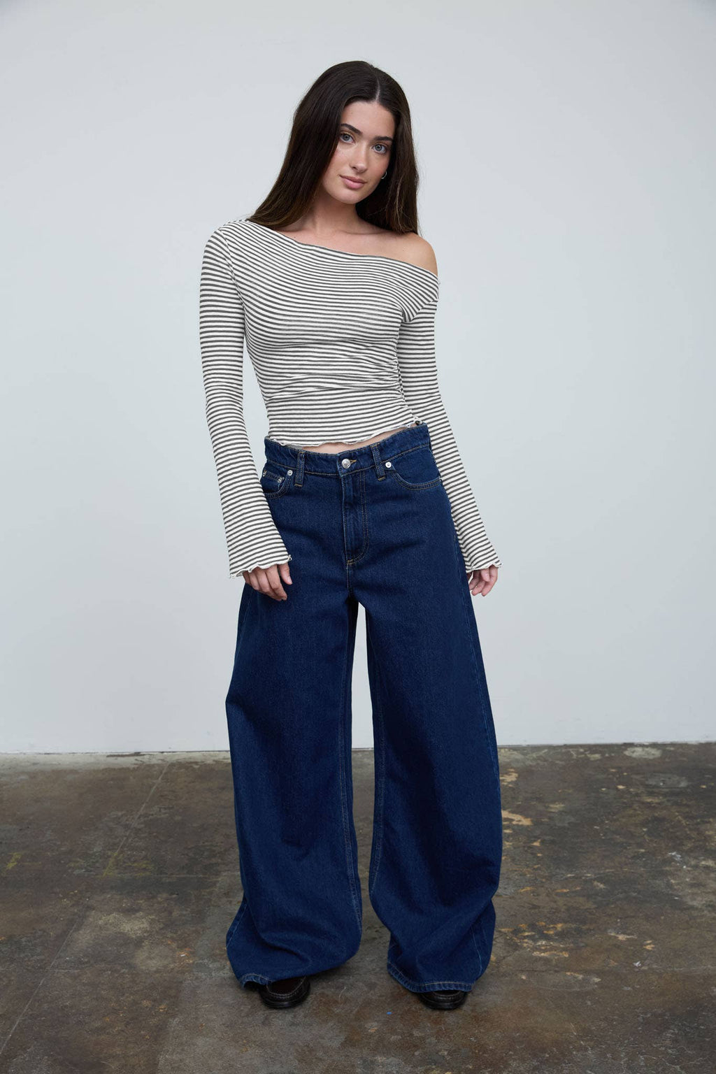 STRIPE ASYMMETRICAL NECK LONG SLEEVE KNIT TOP