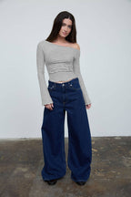 STRIPE ASYMMETRICAL NECK LONG SLEEVE KNIT TOP