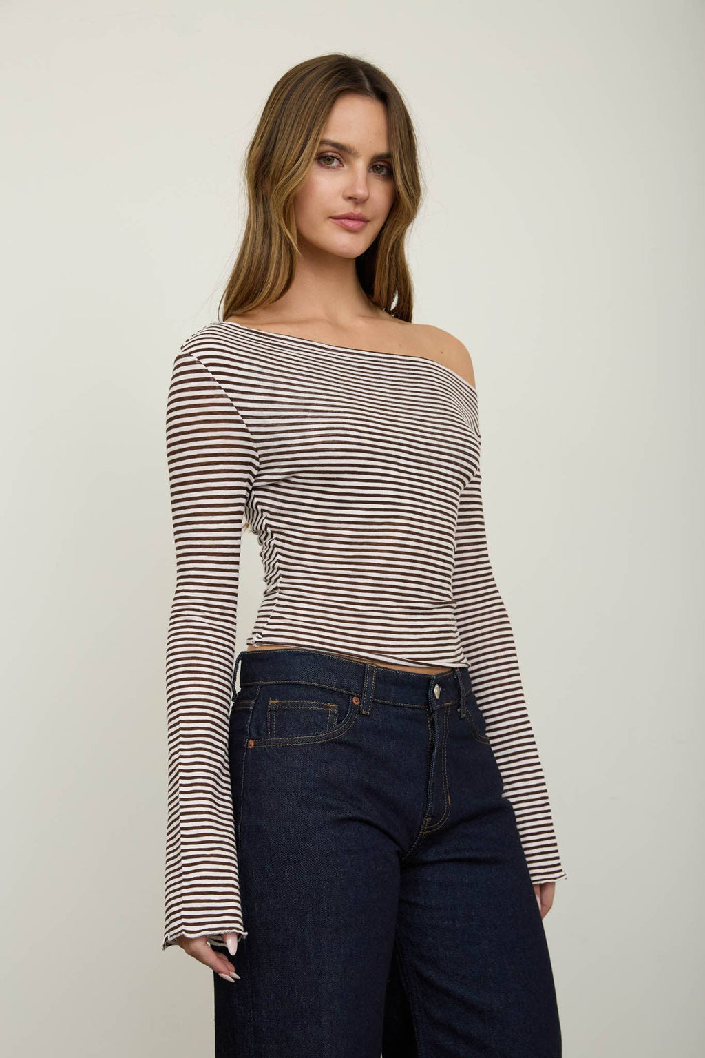 STRIPE ASYMMETRICAL NECK LONG SLEEVE KNIT TOP