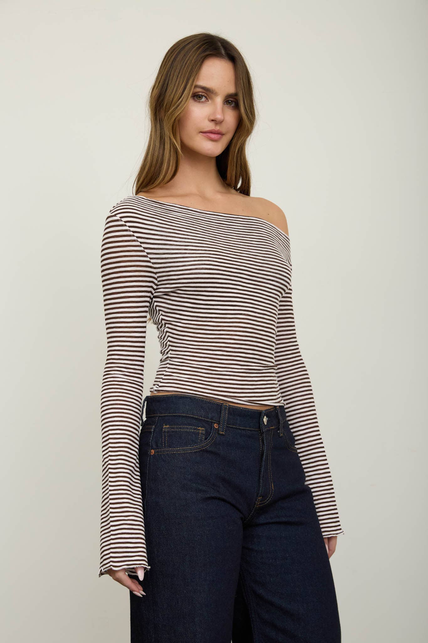 STRIPE ASYMMETRICAL NECK LONG SLEEVE KNIT TOP