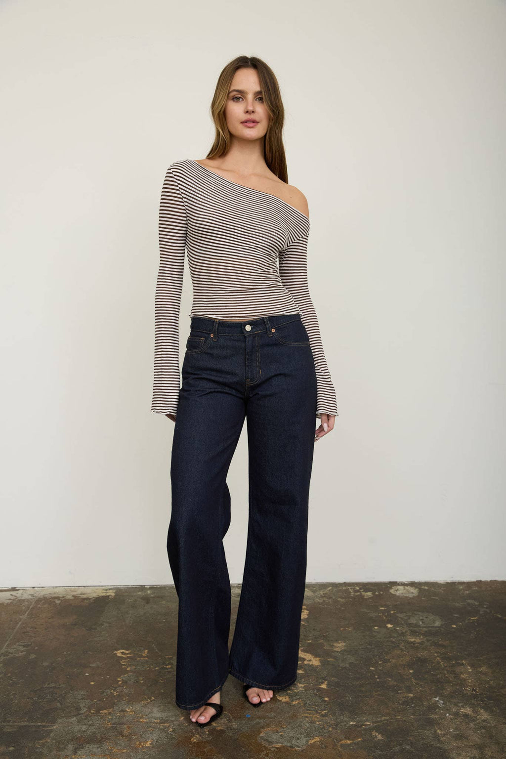 STRIPE ASYMMETRICAL NECK LONG SLEEVE KNIT TOP