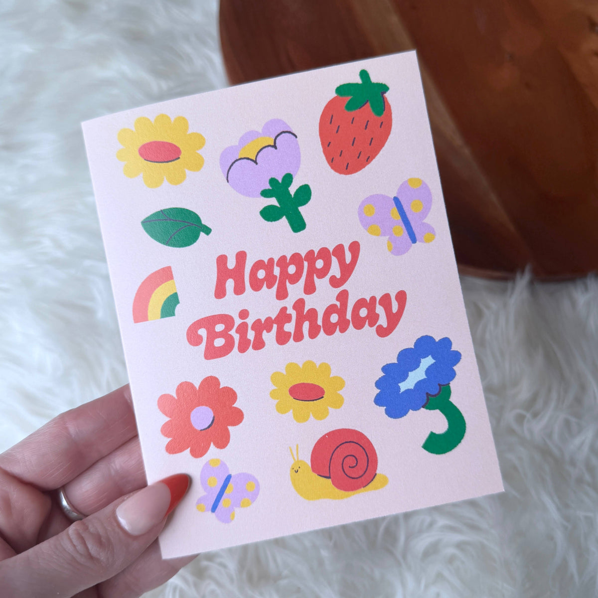 Happy Birthday Flowers & Cute Icons Spring Peach Card