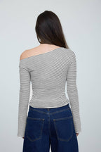 STRIPE ASYMMETRICAL NECK LONG SLEEVE KNIT TOP