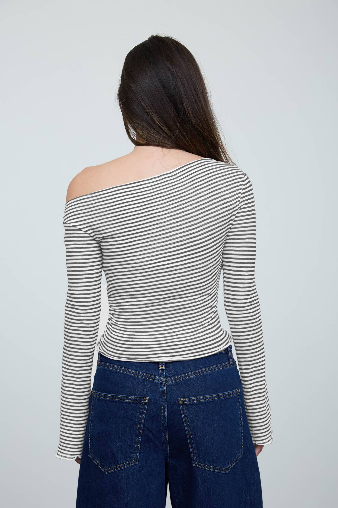 STRIPE ASYMMETRICAL NECK LONG SLEEVE KNIT TOP