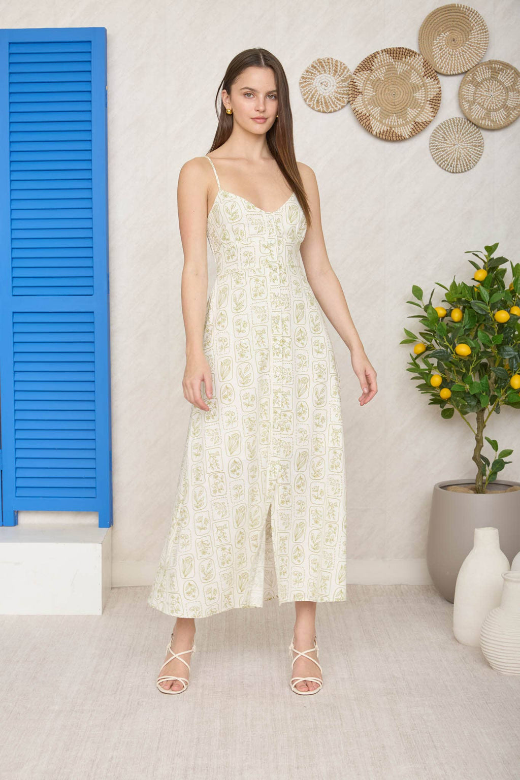 FLORAL TILE PRINT SPAGHETTI BUTTON DOWN MIDI DRESS